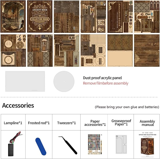 Book Nook Kit - DIY Miniature Dolls House Kit with Furniture and LED Light, 3D Puzzle Wooden Art Bookends, Model Kits for for Adults and Teens (Ancient Books)