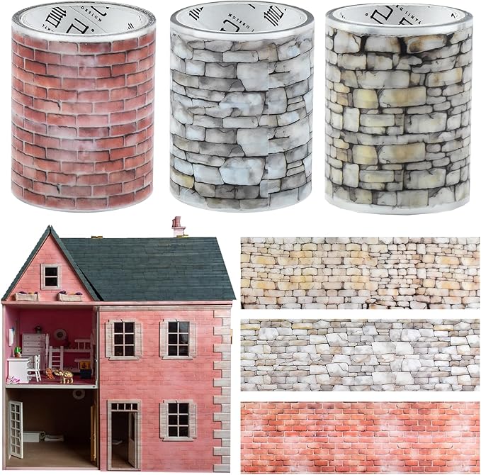 3 Rolls Miniature Dollhouse Wallpaper and Flooring Peel and Stick Mini Stone Brick Tile Tape Stickers DIY Self Adhesive Dollhouse Accessories