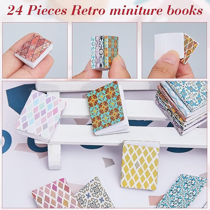 Skylety 24 Pieces 1:12 Scale Miniatures Dollhouse Books Assorted Miniatures Dollhouse Accessories Small Books Decoration Accessories Doll Toy Supplies(Grid Style)