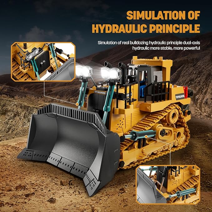 Metal RC Bulldozer Toy for Kids | 9-Channel Remote Control Track-Type Tractor with Lights & Sounds, Realistic Construction Vehicle Toy for Boys Ages 3-12, Rechargeable Gift for Birthday 2026