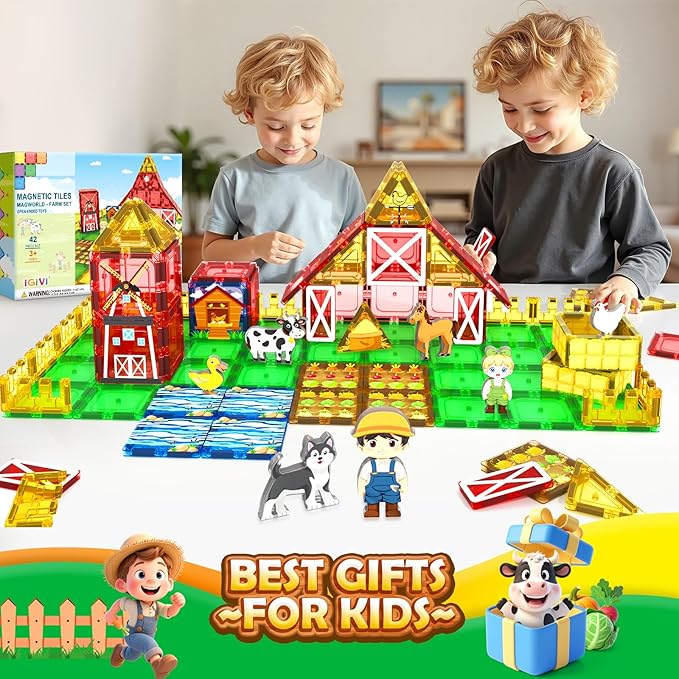 42PCS Magnetic Tiles Farm Animals Toddler Toys, STEM Magnet Building Blocks for Kids Ages 3-5 4-8 5-7, Preschool Montessori Sensory Toys Gifts for 3 Year Old Boys & Girls