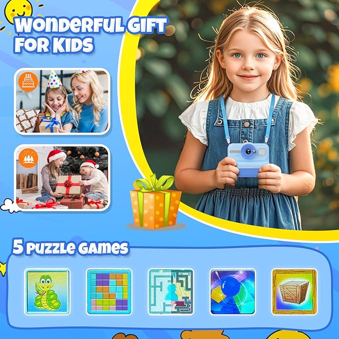Kids Camera Instant Print, 1080P HD Instant Print Camera for Kids with 3 Rolls Print Paper & 32GB Card, Selfie Digital Camera for Kid, Ideal Kid Toys Gifts for Boys & Girls Age 3-14 (Blue)