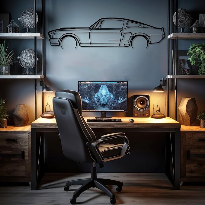 DecoSoul Mustang Metal Car Wall Art, Sports Car, Automotive Silhouette Line Decoration, Minimalist Sculpture for Garage, Indoor Outdoor Wall Hanging, Gift for Boyfriend (Black - 15 x 4.1” inch)