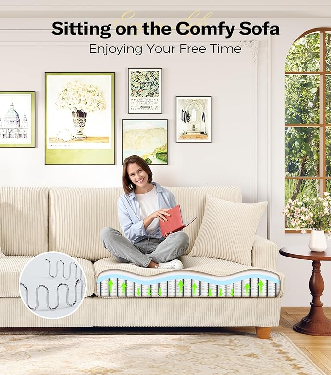 87in Corduroy Couch, Kidirect Sofa No Tool Assembly, Comfy Couches for Living Room 21in Deeper Seats, Corduroy Sofas for Living Room with 2 Pillows, Oversized Loveseat Sofa, Boho Love Seat Beige Couch