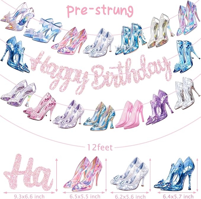 High Heel Happy Birthday Banners 3PCS Crystal High Heels Party Decorations Glass Shoes Banners Girls Princess Birthday Decor for Lady Bridal Shower Wedding Party Supplies
