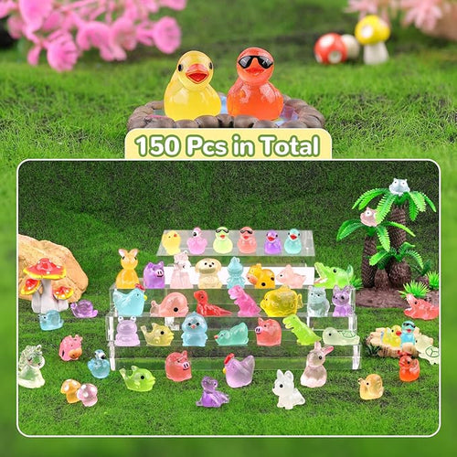 150PCS Mini Resin Animals Tiny Cute Figurines Glow in Dark, Miniature Figures to Hide, Little Animal Small Accessories for Topper Desk Garden Dollhouse Landscape Aquarium Ornaments Crafts & Decor
