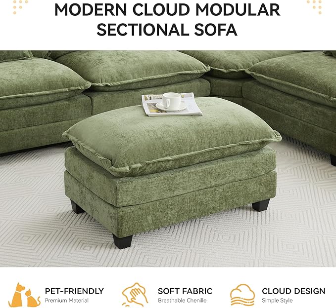 35‘’ Modern Chenille Cloud Sofa Ottoman,Rectangle Ottoman for Modular Sectional Sofa, Green