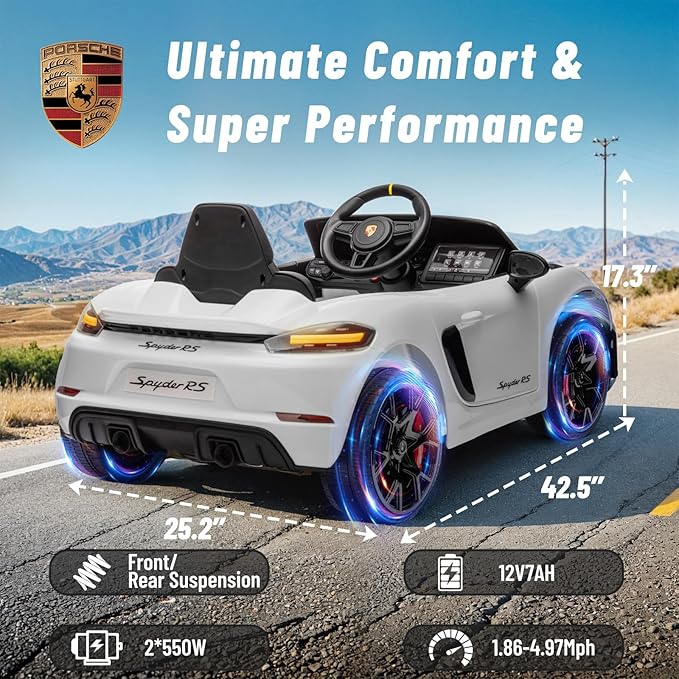 12V Ride on Car Licensed Porsche 718, Kids Electric Car with Remote Control, Front/Rear LED Light, Radio, USB/AUX, Openable Doors, Suspension Function, Durable Tires (White)