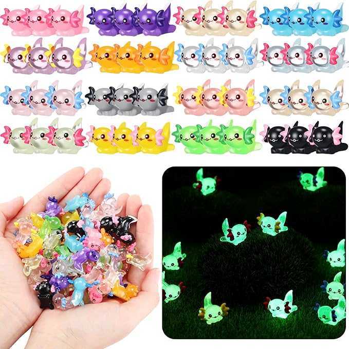 96PCS Mini Resin Axolotl Figures - 16 Colors (8 Glow in Dark & 8 Non-Glow) 6 per Color, Dual-Effect Plastic Animals for Aquarium, Fairy Garden, DIY Miniature Landscape Decor