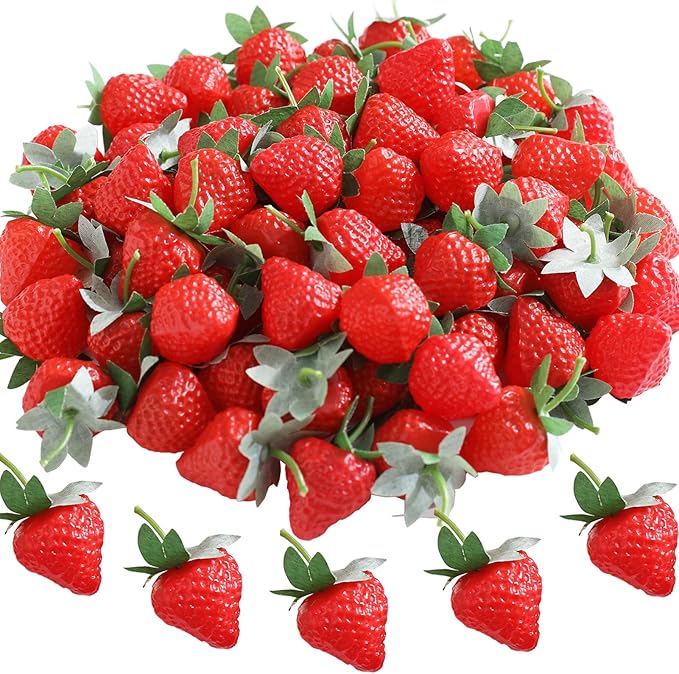 100 Pieces Fake Strawberries Fake Fruit Artificial Strawberry Kitchen Décor Plastic Strawberry Party Decorations Realistic Fake Food Lifelike for Display Photography Props