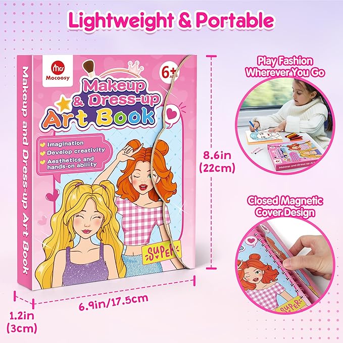 Mocoosy Makeup Art Craft for kids Ages 4-8, Pretend Makeup Coloring Activity Book with Stickers, Fashion Designer Kit for Girls, Travel Game Road Trip Toy Valentine's Gift for Girl 5 6 7 8 9 Years Old
