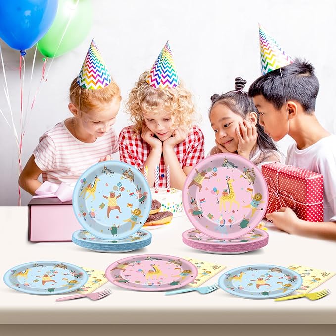 96Pcs Animal Parade Party Supplies Pastel Animal Parade Paper Plates and Napkins Jungle Safari Theme Tableware Decorations Set for Kids Girls Birthday Baby Shower Celebration Party Favor Serves 24