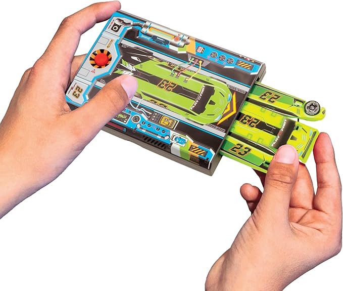FLAT 2 FAST Original Stunt Card Racer – Flat Car Racer and Pocket Size Racecar Launcher with Built-in Button for Stunt Launching and Racing – Compact – Neon Green