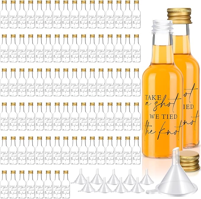 Bokon 100 Pcs Mini Wedding Liquor Bottles Take a Shot We Tied The Knot Shot Glasses for Guests 1.7 Fl Oz/ 50 ml Plastic Reusable Empty Bottle with Cap Funnel Acrylic Mini Glasses for Bridal (Gold)