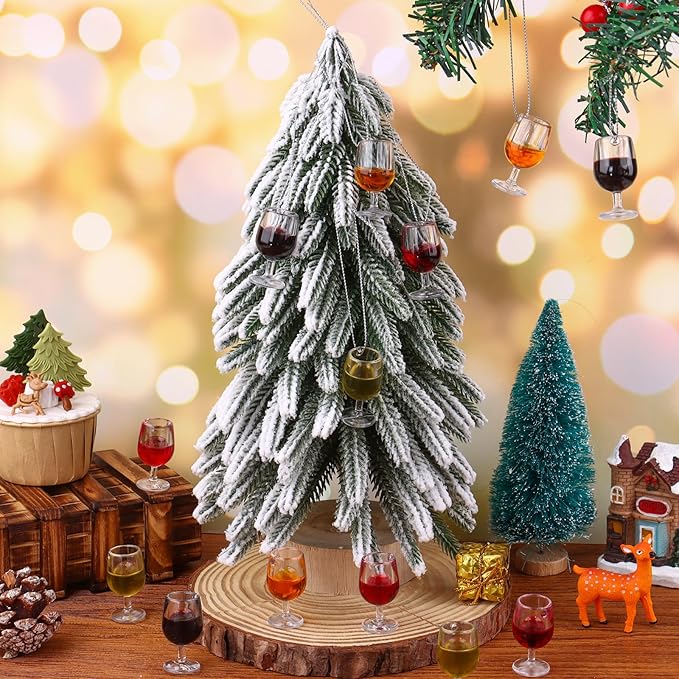 Haiabei 48Pcs 3D Mini Christmas Wine Cup Ornaments with 48Pcs Silver Hanging Rope Acrylic Wine Bottle Flat Christmas Ornaments Theme Miniature Bottles for Tree Living Room Dining Decoration,4 Colors