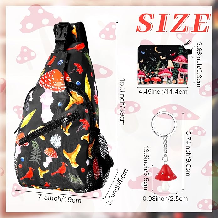 Paterr 3 Pcs Mushroom Gifts Stuff Decor Mushroom Sling Bag Backpack Keychain Purse Christmas Accessories for Women Hiking Lovers Birthday