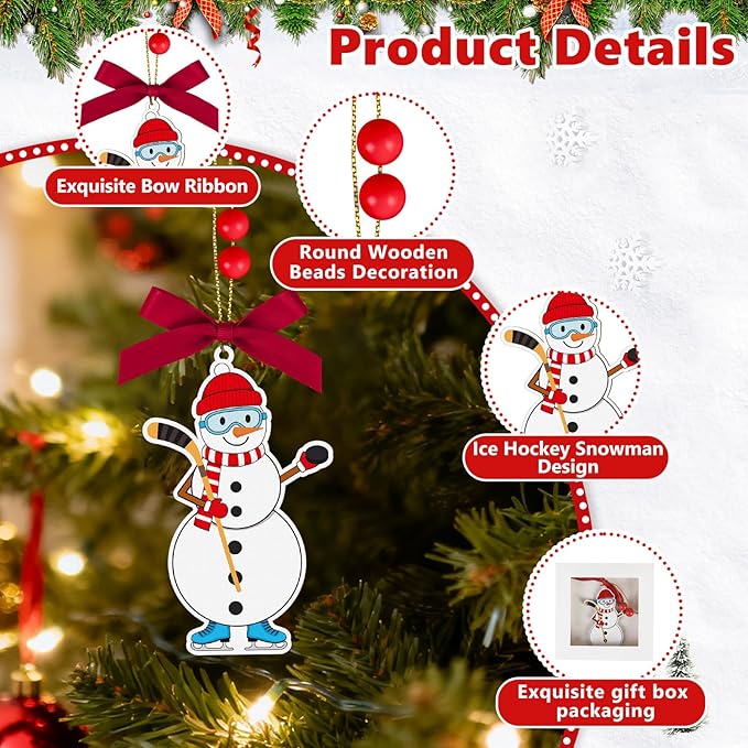 4.3 Inches Snowman Ice Hockey Christmas Ornament,Wooden Ice Hockey Snowman Tree Ornament Hanging Decoration for Rearview Mirror, Window, Eaves, Fireplace and Home Holiday Party Decor