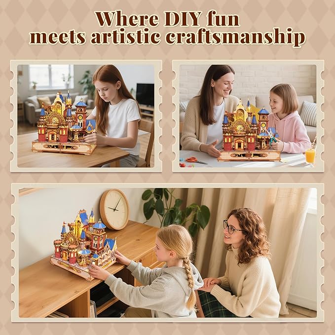 DIY 3D Wooden Puzzles for Adults,Alnwick Castle Miniature House Kit with LED Lights Arts and Crafts for Home Decor Creative Gift for Boys Girls