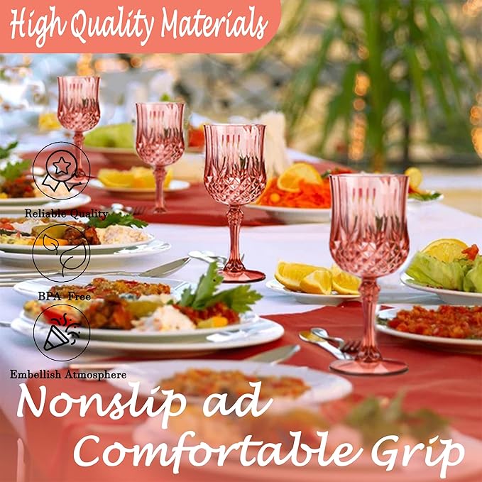 LEYIQU Plastic Wine Glasses, Plastic Goblets Vintage Style Cordial Drinking Glasses for Valentine’s Day, Wedding Reception, Grand Event Party Supplies (24, Rose Gold)