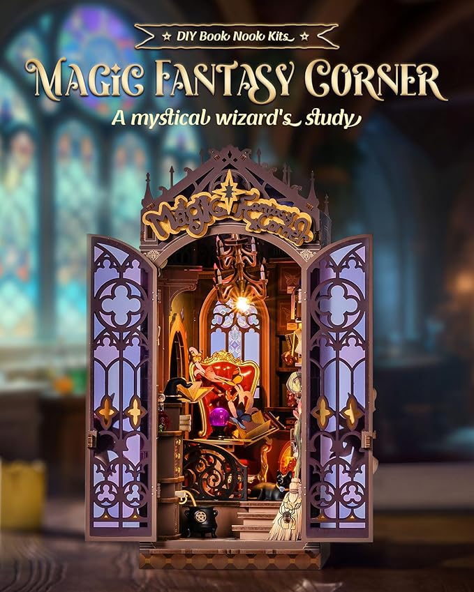 Rolife Book Nook Kit Magic Fantasy Corner DIY Miniature House Kit, 10" Wizard Witch Room Booknook Bookshelf Insert Decor 3D Wooden Puzzles for Adults Halloween Chiristmas Gift