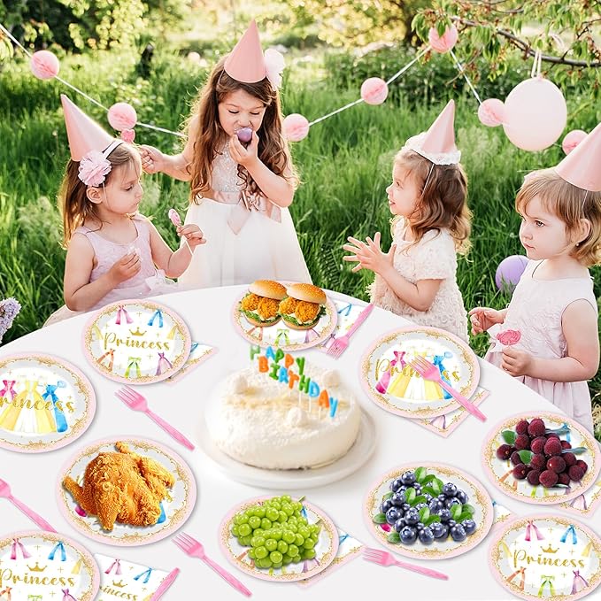 96Pcs Princess Birthday Party Decorations Princess Themed Tableware Castle Dress Plates Napkins Forks Crown Dinnerware Party Supplies for Girls Bridal Engagement Baby Shower Serve 24 Guests