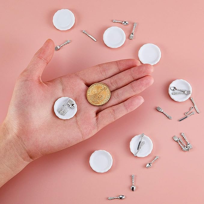 12 Pieces 1:12 Scale Miniature Plates and 12 Pieces Knives Forks Spoons Metal Tableware Dollhouse Miniatures Porcelain Plate Set Dollhouse Kitchen Decoration Accessories