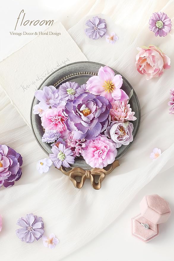 Floroom Mini Artificial Flower Heads Lavender & Purple Fake Peony Daisy Rose Multicolor Small Faux Silk Flower Heads for Cake Craft Garland Wedding Party Graduation Cap DIY Home Decoration, 0.8"-3.6"