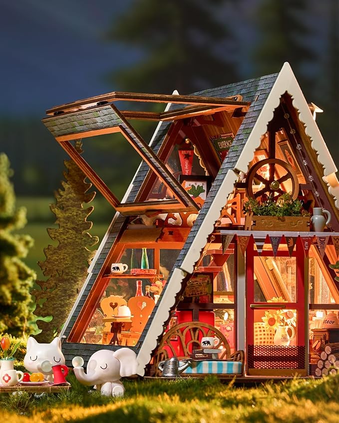 Rolife DIY Miniature House Kit A-Frame Cabin, 3D Wooden Puzzle Tiny House with Openable Skylight for Teens & Adults, Cozy Forest Cabin Décor, Creative Gift for Birthday & Holidays