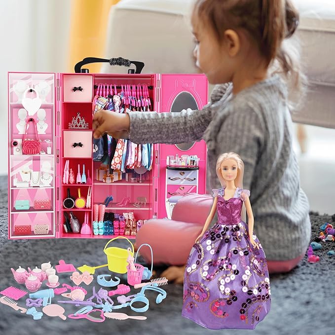 180 Piece Doll Wardrobe&Toy Folding Wardrobe - Includes Folding Wardrobe+Swing Slide+Tent+Stargazing Set with Rich Accessories Stimulate Children's Imagination and Creativity
