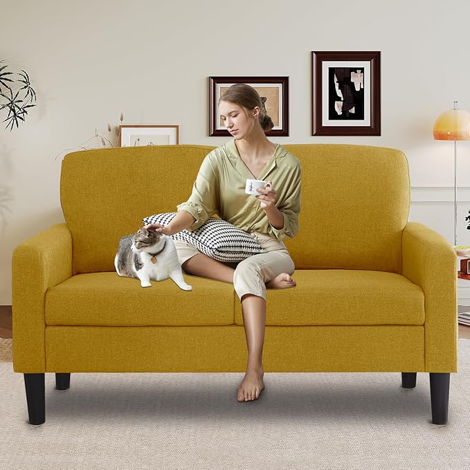 asunflower Small Loveseat Sofa 52 Inch Office Couch Yellow Comfy Linen Fabric 2 Seater Sofa Small Space Couch Tool-Free Assembly Love Seats for Bedroom,Drom Room,Kid's Room