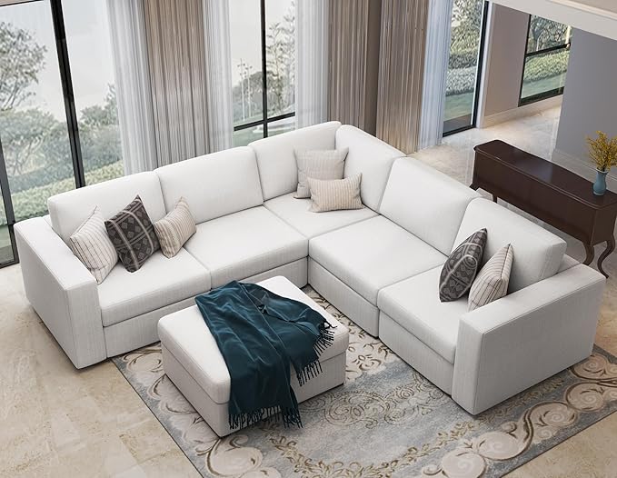 Sectional Couches for Living Room - Modular L Shaped Couch with Ottoman - Beige U Shape Sofa Furniture Set 6 Piece Modern Upholstered Oversized Daybed Sleeper Sofas