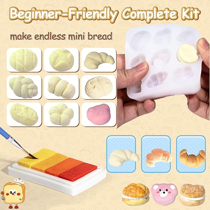 Crelloci Mini Bake Shop DIY Craft Kit, Resin Clay Café Play Set with Counter & Display Rack, Paints, Cream Glue & Molds, Realistic Pretend Bread, Cakes & Drinks, Creative Mini Food Toy for Kids 6+