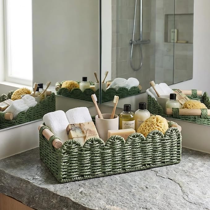 Green Paper Rope Scalloped Basket with Wooden Handles, Decorative Storage Basket for Coffee Table, Bathroom Counter, Shelves & Entryway – 14" x 6.3" x 3.9"