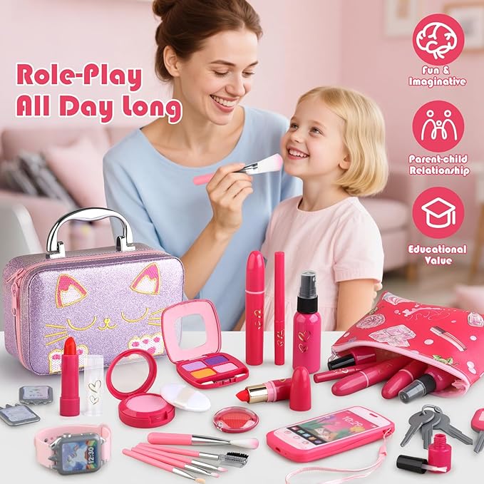 Woumserta Girl Gift Pretend Makeup for Toddlers 3-5 4-6, Fake Makeup Set with Cat Commetic Case, Play Makeup for Kids Age 3 4 5 Year Old, Toddler Make Up Kit for Little Girls Birthday