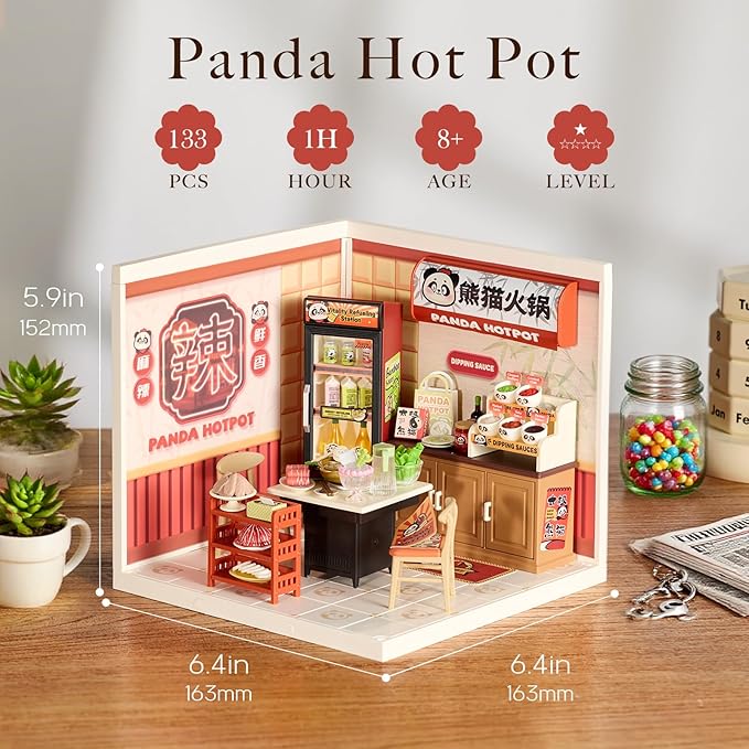 Rolife Super Creator DIY Miniature Plastic House Building Set Playset with LED, Suitable for Mini Figures Construction Toys Diorama Kit Gifts for Teens Adults (Panda Hot Pot)