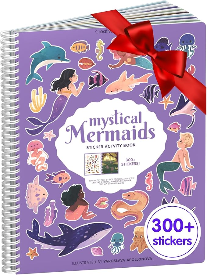 CUPKIN Mermaid Stickers, Toddler Sticker Book for Kids, Fun Toy, Toddler Road Trip Essentials, 300+ Girly Stickers + 8 Sticker Scenes and Coloring Pages, Mermaid Stickers Ages 2+