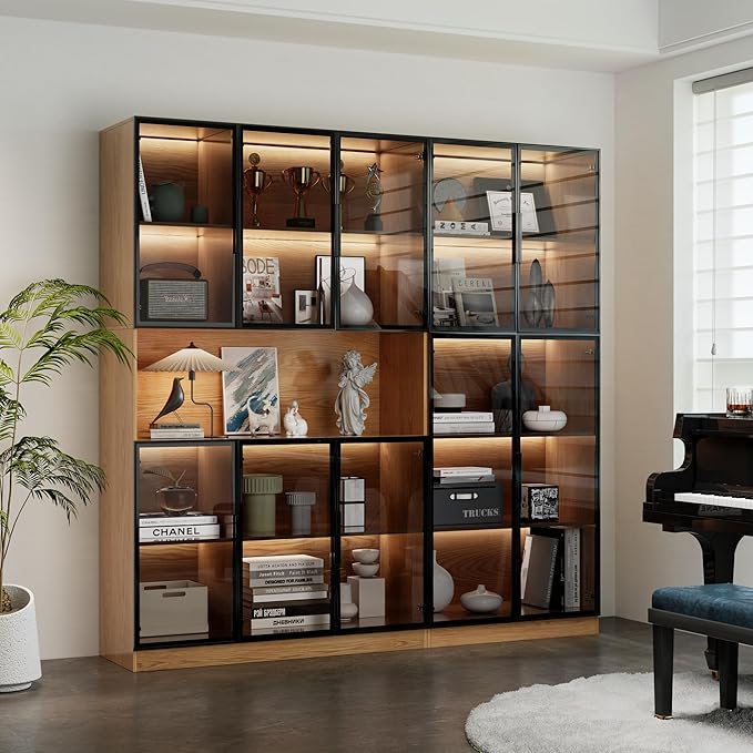 5 Tier Glass Display Cabinet with Adjustable LED Lights, 78.7" Lighted Curio Cabinet with Glass Doors & Shelves, Tall Display Case for Collectibles - Walnut