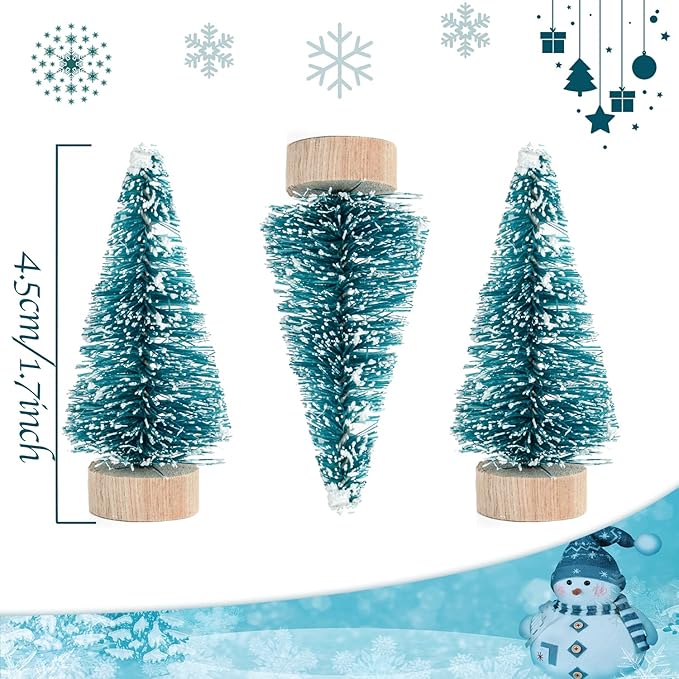 24 Mini Bottle Brush Christmas Trees with Wood Base, Artificial Plastic Mini Trees for Crafts, Winter Snow Ornaments for Christmas Table Party (Blue-Green)