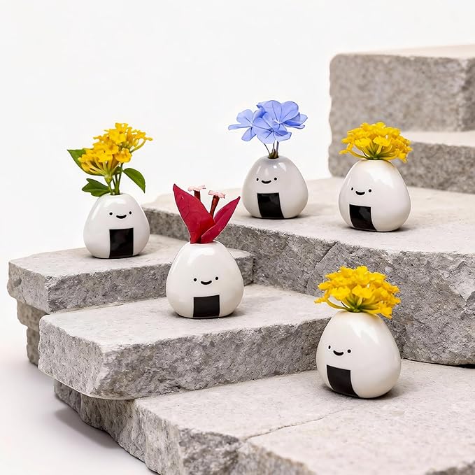 5 PCS Mini Onigiri Flower Vase Set - Cute Japanese Handmade Bud Vases Bulk for Dried Flowers, Small Centerpiece Vase for Coffee Table Living Room Home Decor, Unique Japandi Tiny Ceramic Vases