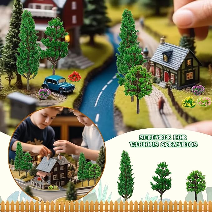 Warmtree 47 Pcs Model Trees and Flowers - 32 Colorful Flower Clusters, 15 Mixed Trees for Miniature Fairy Garden, Train Landscape, Military Layout, and Dioramas