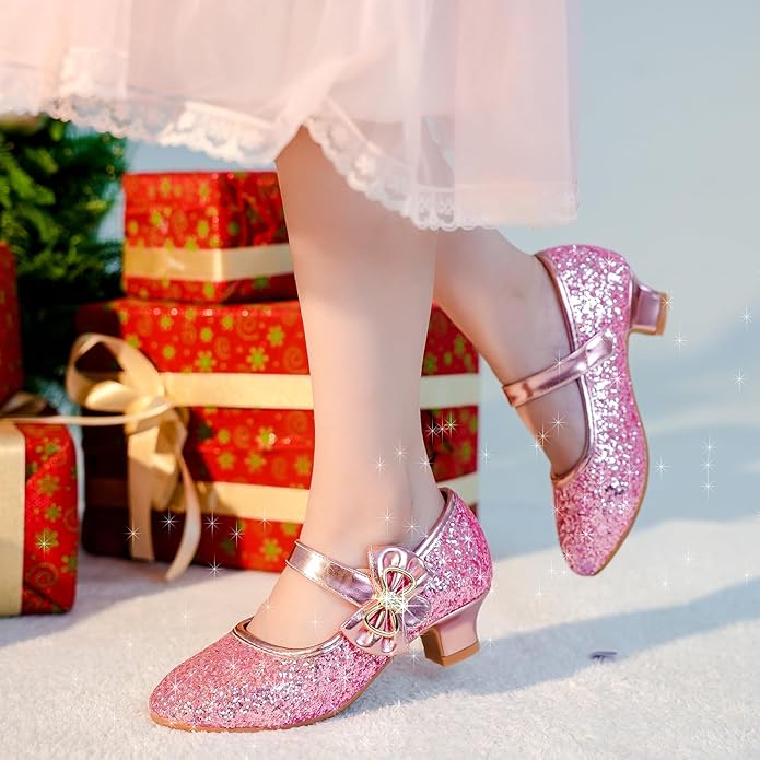 Dufannie Girls Dress Shoes Low Heel Princess Flats Mary Jane Flower Wedding Party Glitter Shoes for Kids Toddler