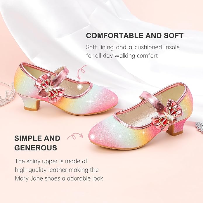 Dufannie Girls Dress Shoes Low Heel Princess Flats Mary Jane Flower Wedding Party Glitter Shoes for Kids Toddler