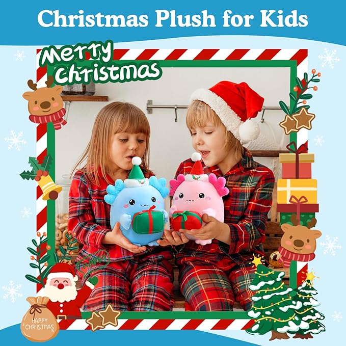 Christmas Axolotl Plush, Cute Axolotl Holding Gift Stuffed Animals Christmas Day Decor Party Favors for Kids & Adults (Blue)