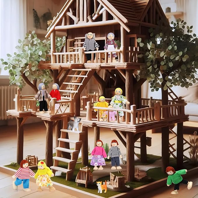 Skylety 20 Pcs Wooden Dollhouse Family Set of 16 Mini People Figures and 4 Pets, Wooden Dollhouse Dolls Cosplay Family Figures Accessories for Pretend Toy(Traditional Style)