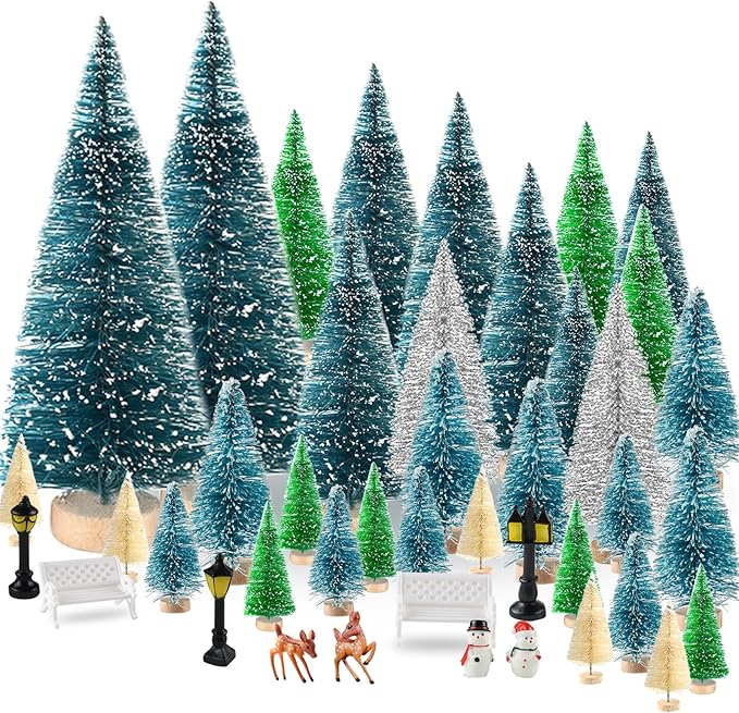 BOUBONI Mini Christmas Tree 35PCS Christmas Village Sets with Crafts Reindeer Snowmen Benches Street Lamp for Xmas Decorations Indoor Party Home Table Craft (Multicolor)