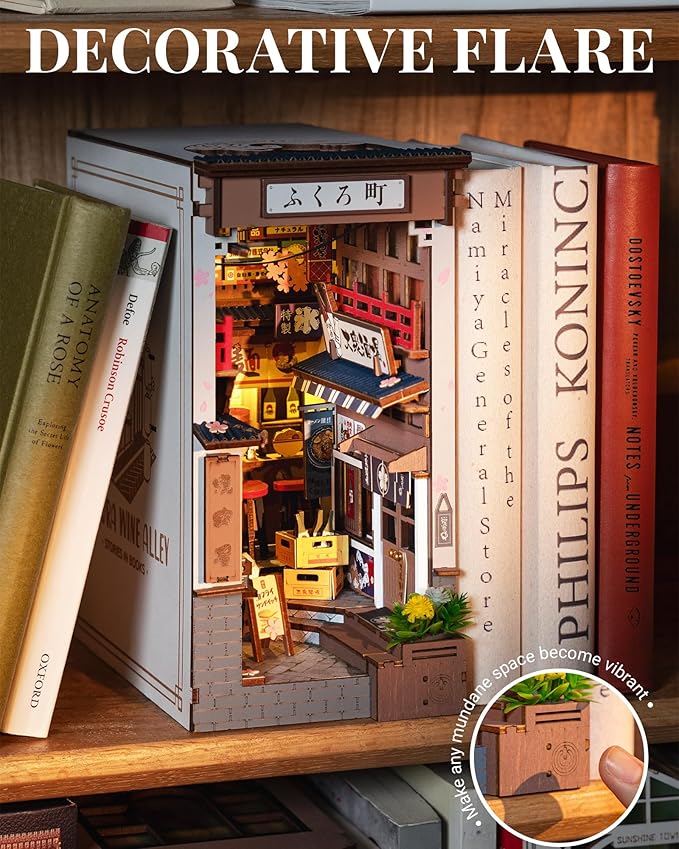 ROBOTIME Book Nook Kit DIY Miniature House Kit for Adults 3D Wooden Puzzle Bookends Bookshelf Diorama Insert Dollhouse Creative Decorative Unique Gifts for Teens and Beginners (Sakura Wine Alley)