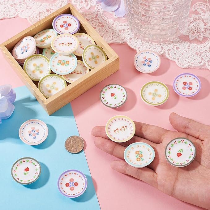 24Pcs Miniature Flower Plate Dollhouse Accessories Resin Mini Tableware Imitation Ceramic Bowl Tiny Dishes Ornaments Micro Landscape Decorations Garden Home Party Decorations Crafts Supplies