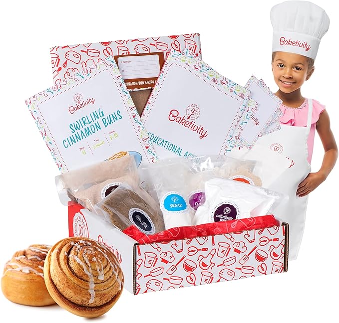 Baketivity Kids Baking DIY Activity Kit - Bake Delicious Cinnamon Buns with Pre-Measured Ingredients – Best Gift Idea for Boys and Girls Ages 6-12 – Includes Free Hat and Apron