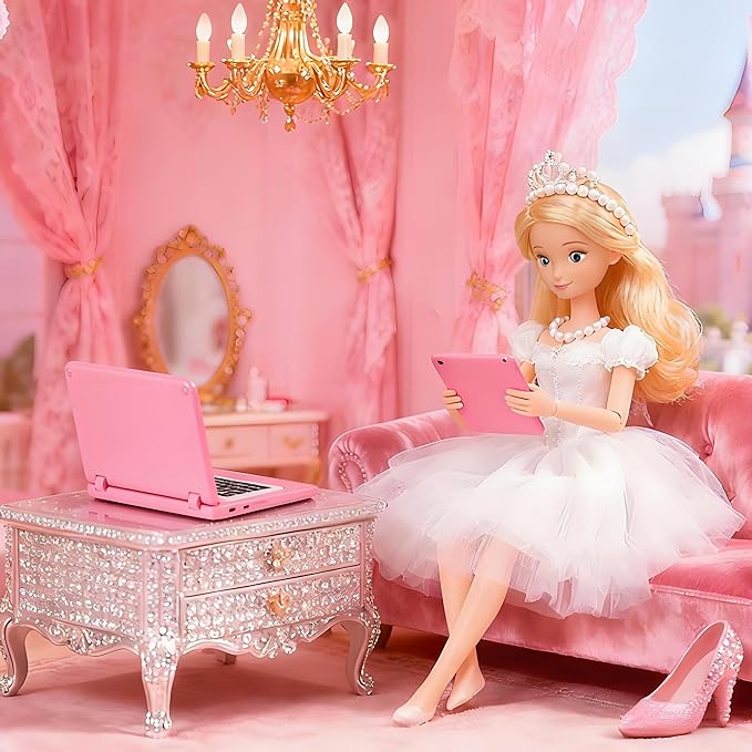 Dollhouse Laptop Accessories, 1/12 1/6 Scale Minature Tablet Smart Phone Mini Stuff Doll House Furniture Play Set Accessories 3 Pcs (Pink)