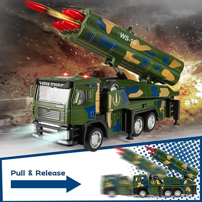 Army Truck Toy with 6 Missiles, Pull Back Military Truck Playset with Light & Sound, Simulated Combat Vehicle Model Toy Gift for Boys Ages 3-6 Years